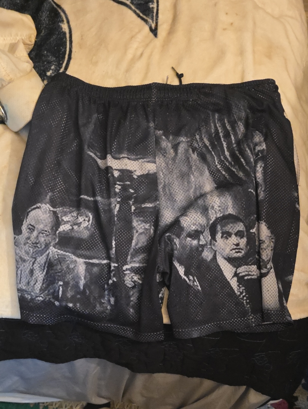 Black Graphic Mesh Shorts with Monochrome Portrait Print